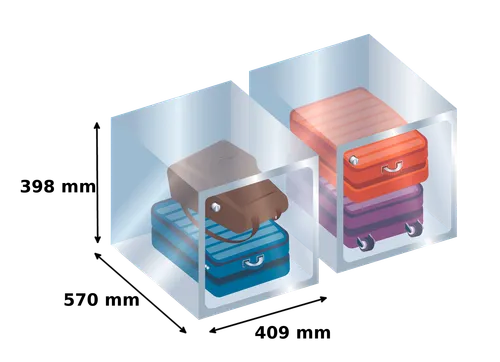 Illustration of our M lockers with internal dimensions and example items like a backpack, carry-on suitcase, and shopping bags to show what fits inside.
