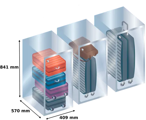 Illustration of our XL lockers with internal dimensions and example items like a backpack, carry-on suitcase, and shopping bags to show what fits inside.